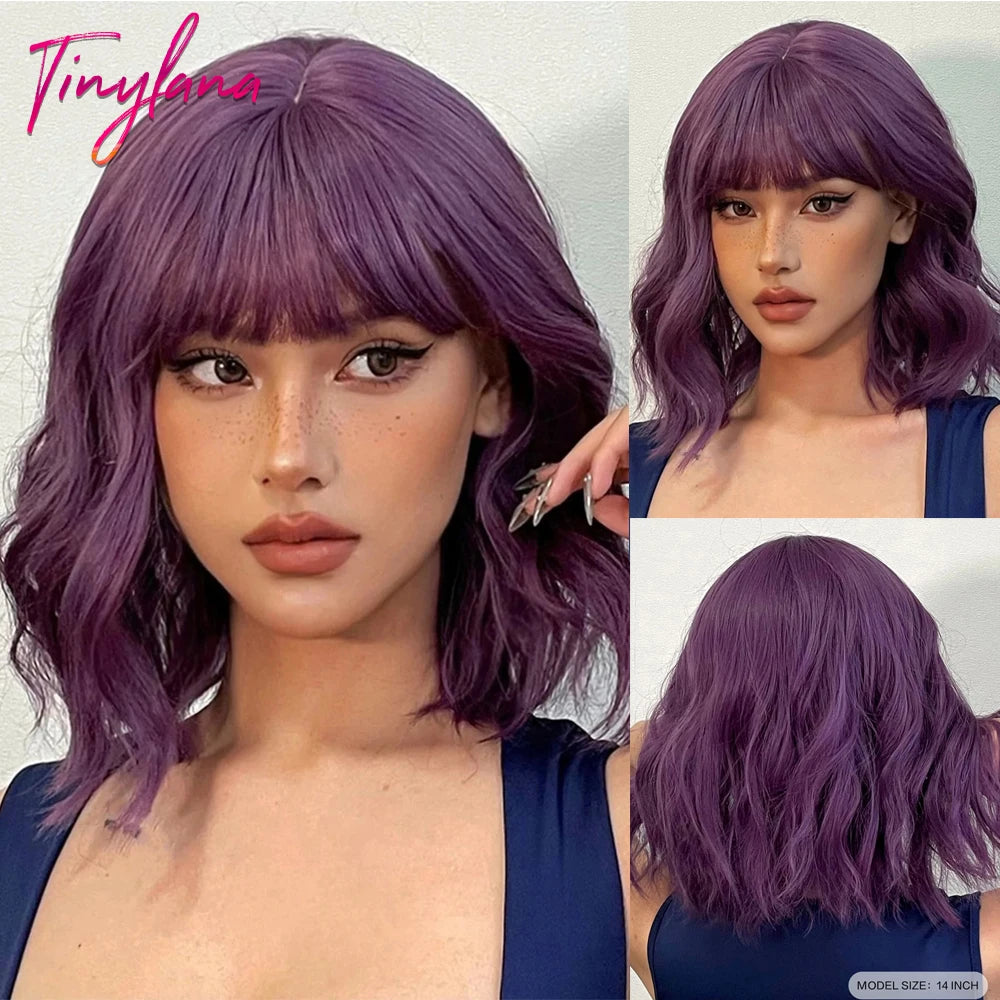 Bob Blue Curly Wavy Wigs with Bangs Short Colorful Cosplay Wigs for Women Afro Halloween DaiIy Natural Heat Resistant Fake Hair