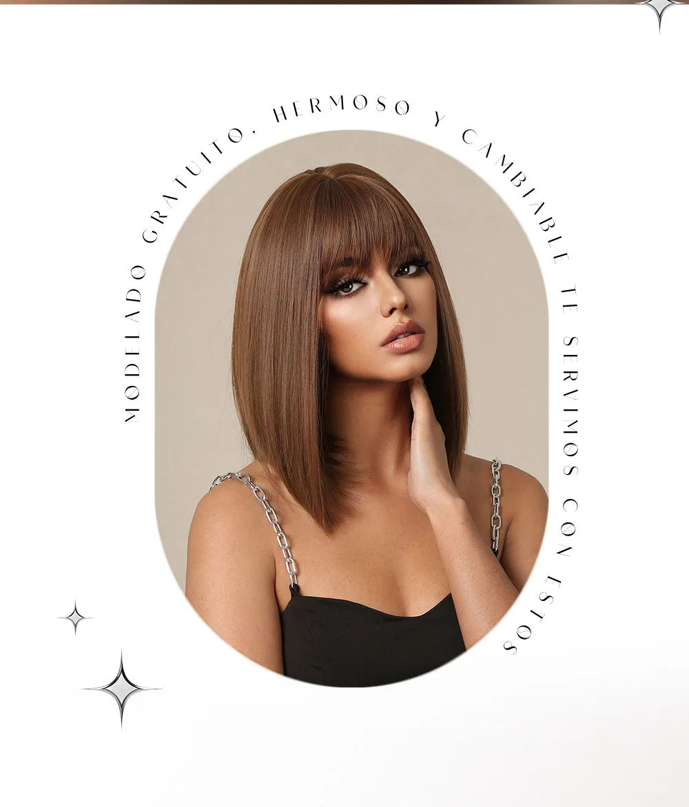 LOUIS FERRE Short Straight Synthetic Wigs for Women Brown Bob Wigs with Bangs Daily Cosplay Medium Length Heat Resistant Hair