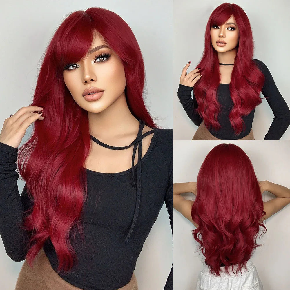 LOUIS FERRE Synthetic Black Green Ombre Long Wavy Curly Wig for Women Natural Hair With Bangs Cosplay Party Heat Resistant Wig