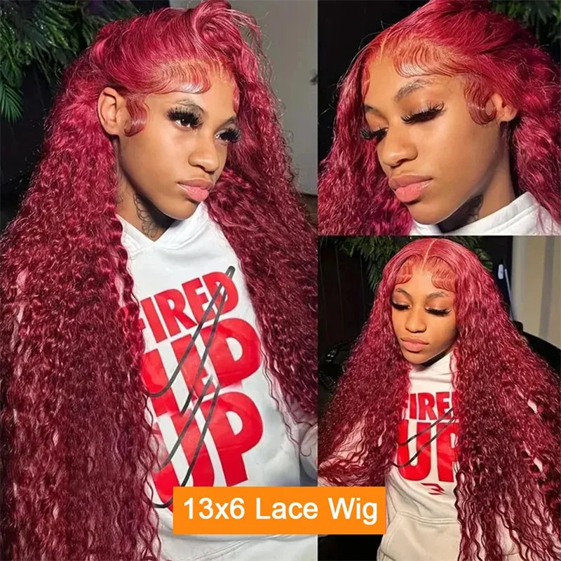 30 40 Inch 99J Burgundy 13x6 Hd Lace Frontal Human Hair Wig Red Colored 13x4 Transparent Lace Curly Deep Wave Frontal Wig