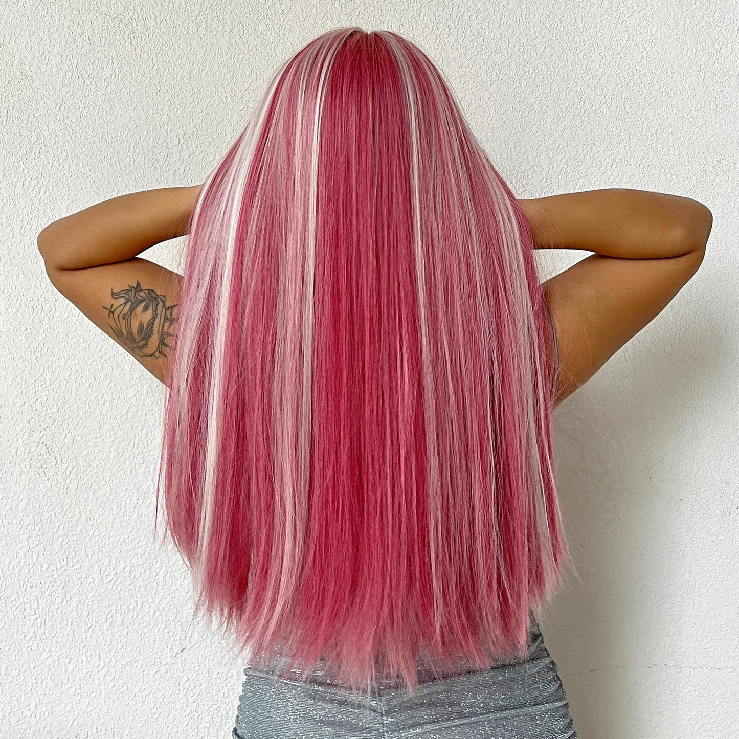 Long Straight Pink Mixed White Synthetic Wigs with Bangs Halloween Cosplay Colorful Wigs for Women Natural Hair Heat Resistant