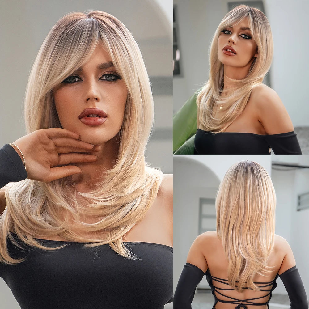 HENRY MARGU Ombre Red to Black Synthetic Wigs with Bangs Long Straight Layered Wig Colored Party Heat Resistant Hair for Women