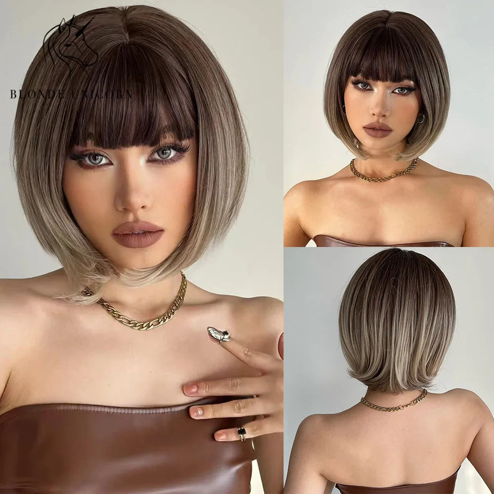 BLONDE UNICORN Synthetic Wig Natural Short Bob Wig Brown Blonde Straight Hair With Bangs Daily Use For Women Heat Resistant