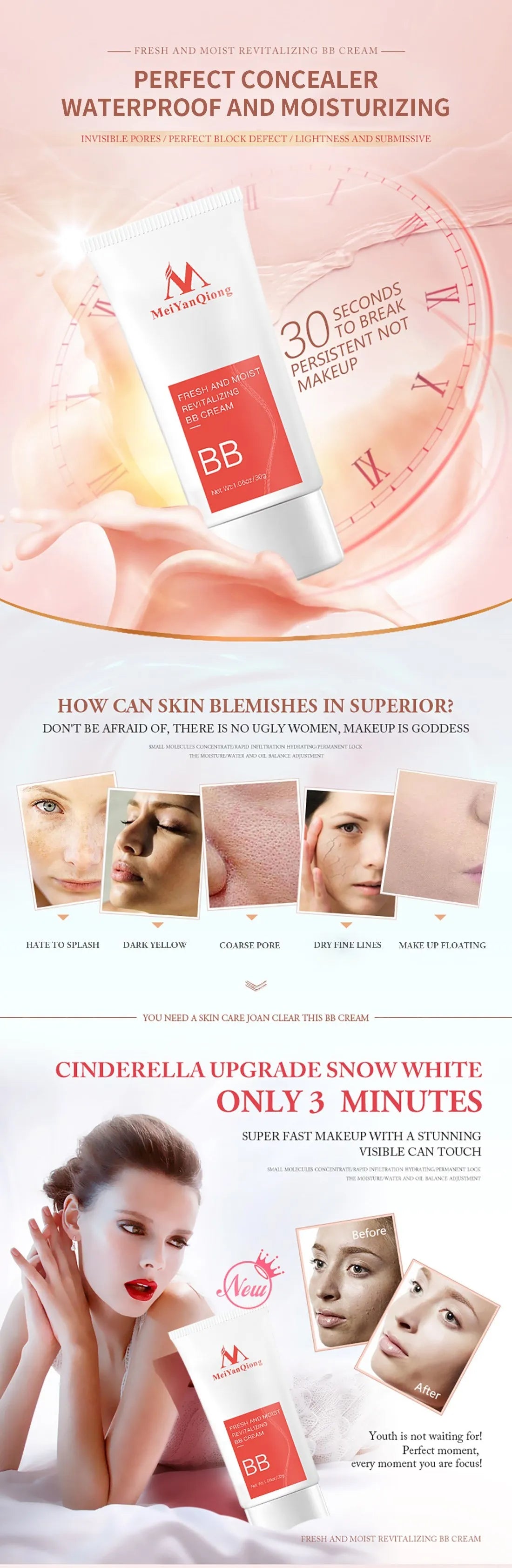 BB Cream Concealer Facial Cosmetics Waterproof and Antiperspirant Firming Foundation Concealer Refreshing Moisturizing Skin Care