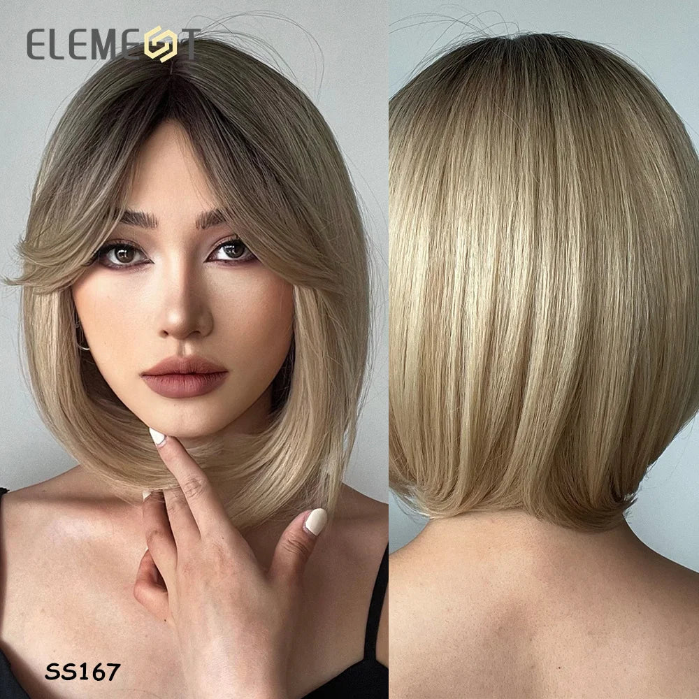 ELEMENT Synthetic Short Straight Wig Black Ombre Blonde Bob Wigs with Bangs for Women Cosplay Party Daily Hair Headband