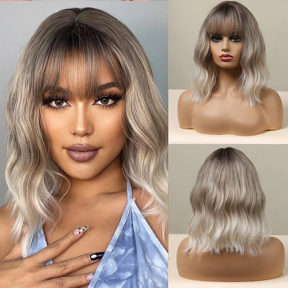 Rose Blonde Brown Short Bob Synthetic Wigs with Bangs Ash Blonde Natural Loose Wave Wig for Women Cosplay Heat Resistant Hair