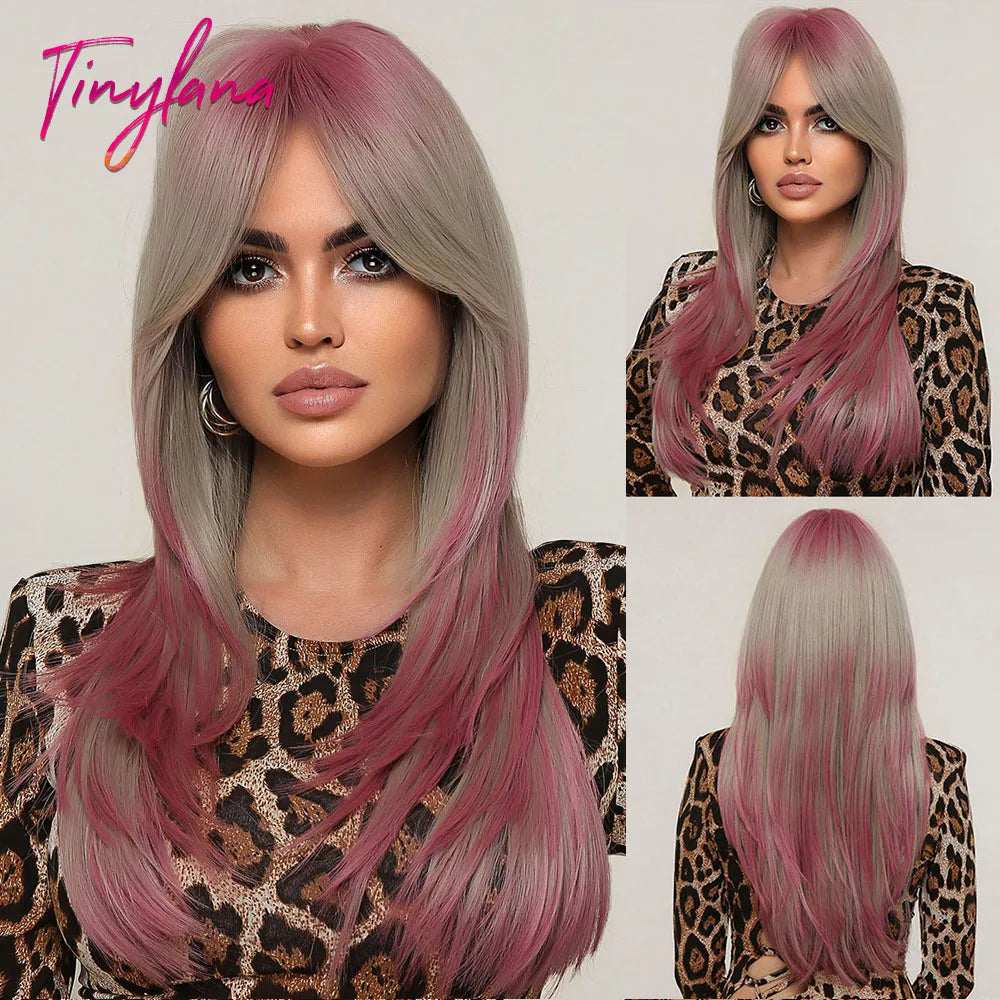 Long Brown Blonde Straight Synthetic Wig with Bangs Brown Ombre Cosplay Layered Wigs for Women Party Heat Resistant Natural Hair