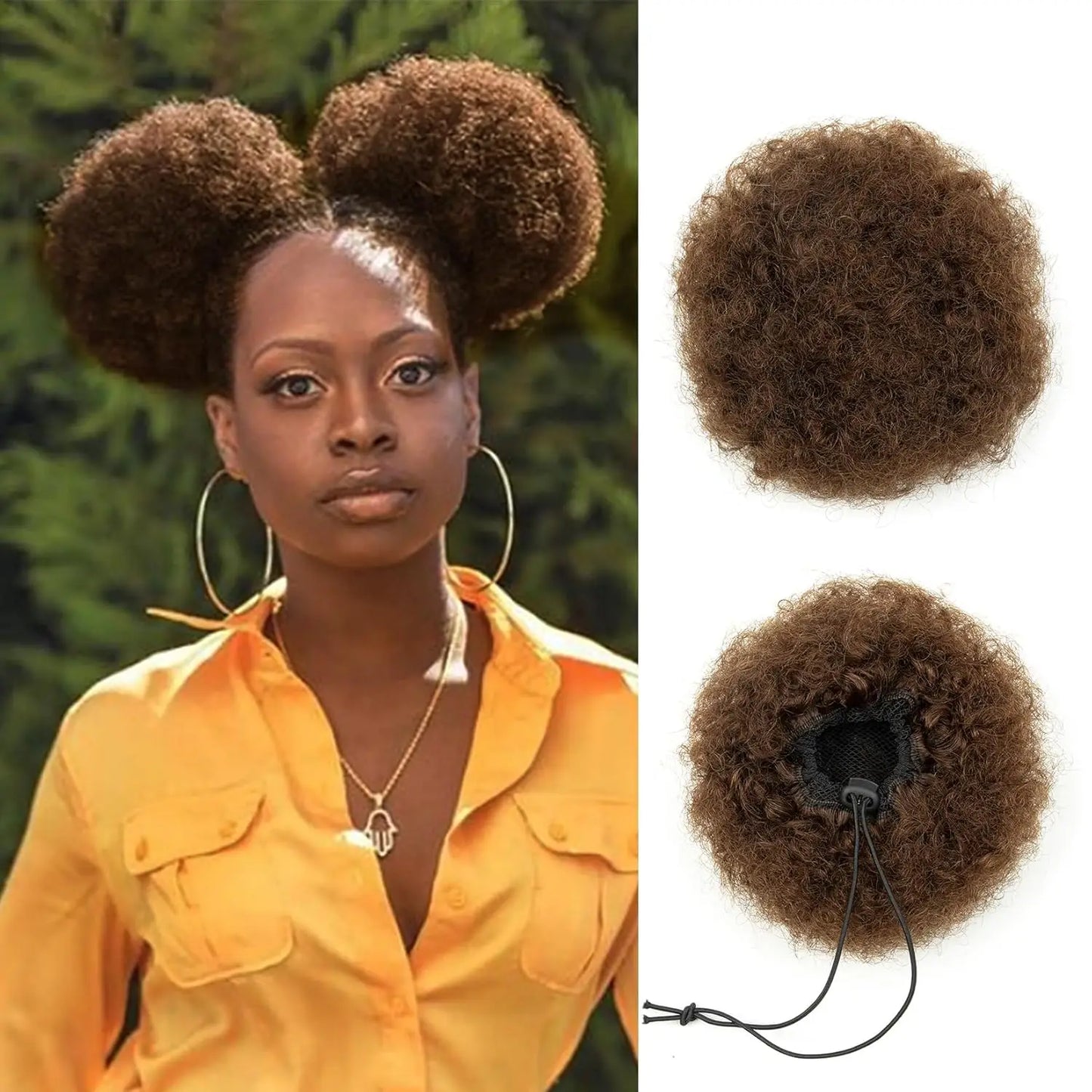 100% Human Hair Afro Puff Drawstring Ponytail Short Curly Afro Bun Hair Extension Natural Black 1B# Hairpiece with Two Clips