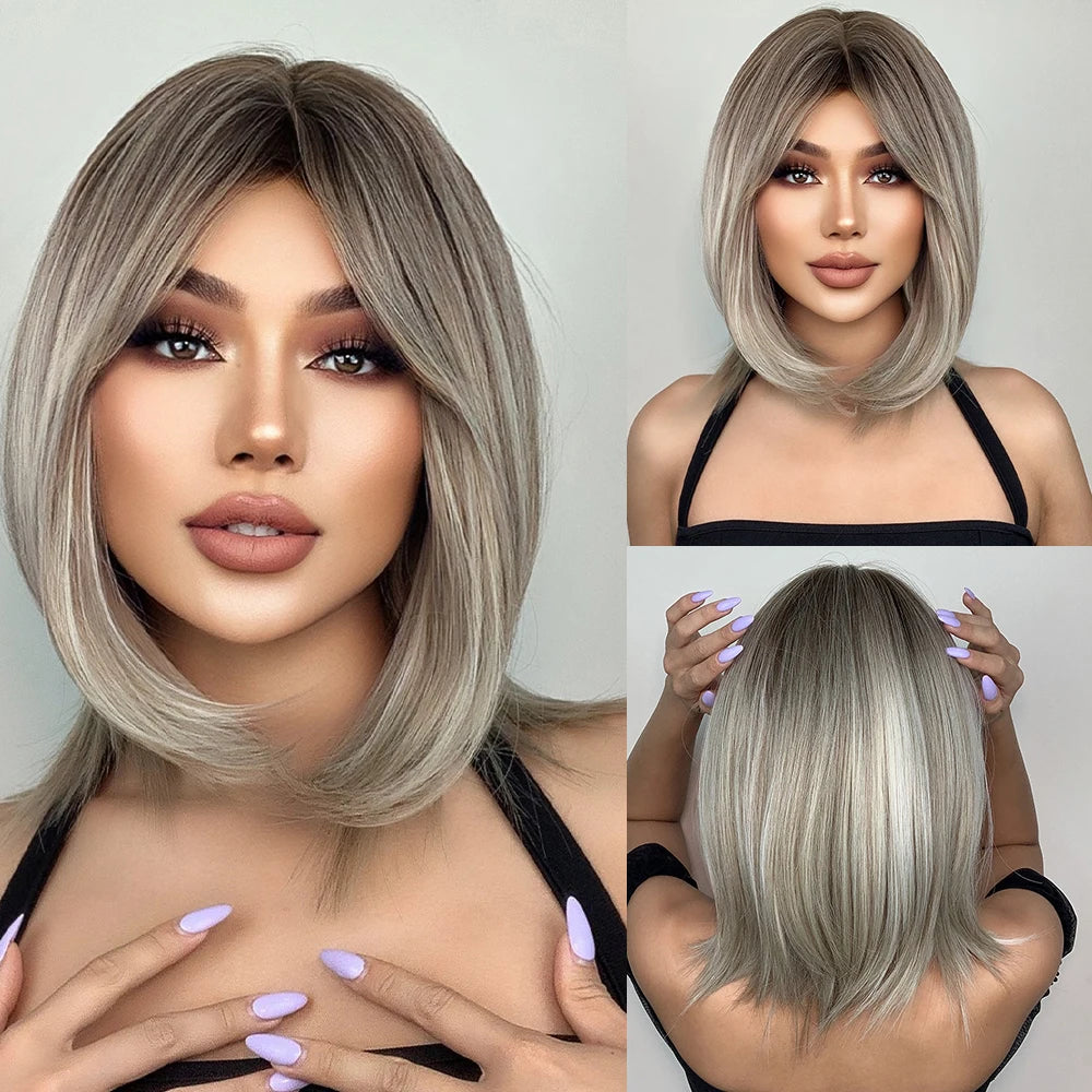 HENRY MARGU Ombre White Blonde Bob Synthetic Wig Short Straight with Bangs Natural Hair Wig for Women Cosplay Wig Heat Resistant