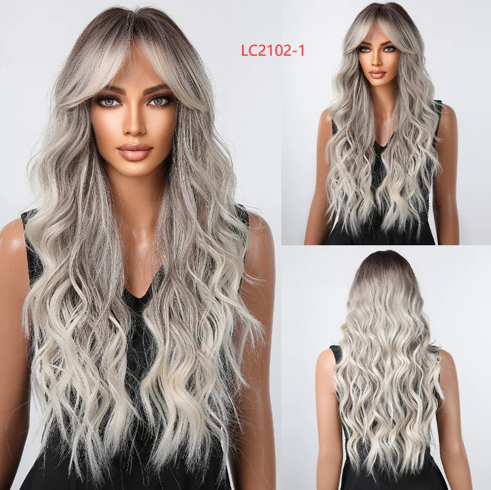 Pink Red Long Curly Wavy Synthetic Wigs Lolita Cosplay Hair With Bangs for Women Natural Water Wave Party Heat Resistant Wig