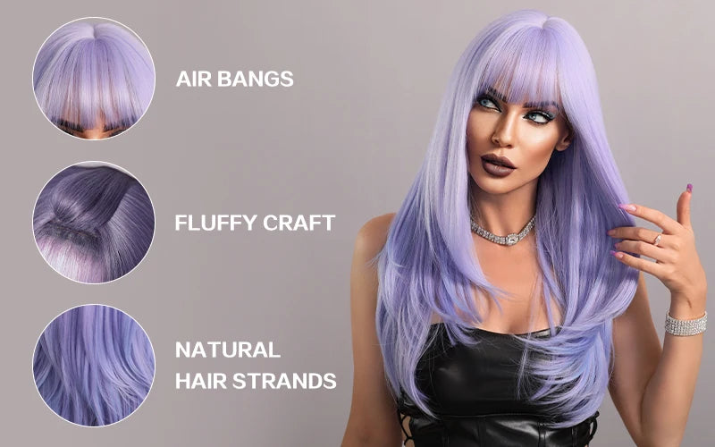 7JHH WIGS Long Wavy Purple Synthetic Wig for Women Daily Cosplay Party Natural Resistant Hair Wigs with Bangs Ombre Wigs