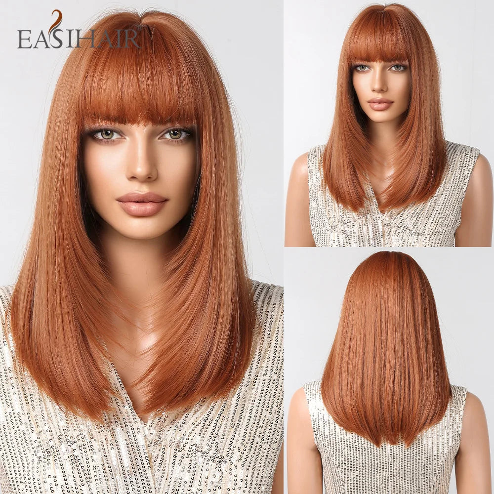 EASIHAIR Copper Ginger Synthetic Wigs with Bangs Medium Length Straight Hair Wig for Women Daily Cosplay Natural Heat Resistant