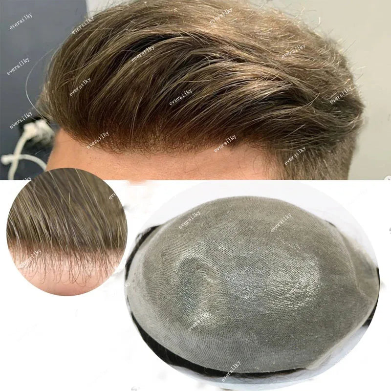 Ultra Thin Skin 1B80 Men Toupee Human Hair 0.02mm Full PU Gery Black Mix Wig Capillary Prosthesis Toupet Male Replacement System