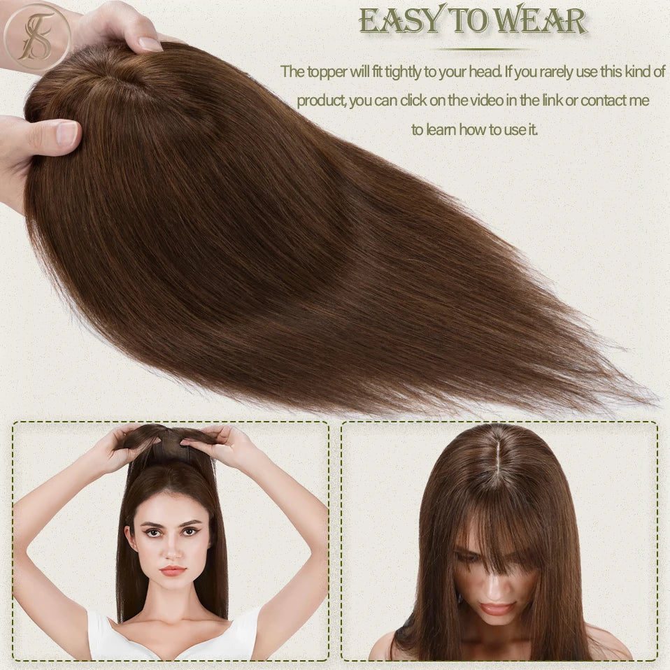 TESS Women Topper 7x12.5cm Hair Toppers With Bangs Natural Hair Wig Human Hair Silk Base Center Part Hair Clip In Hair Extension