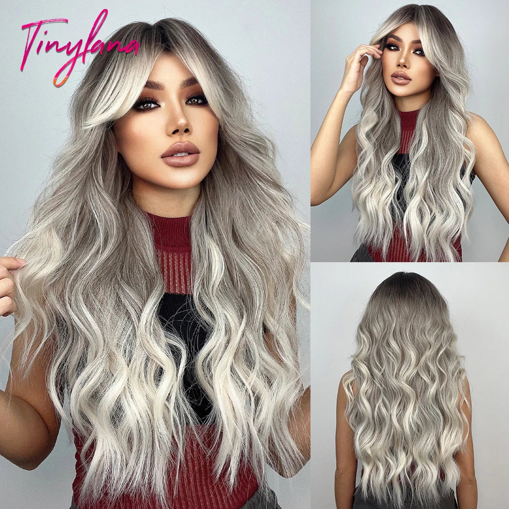 Long Wavy Gray Ash Brown Blonde Ombre Synthetic Wigs with Bangs Cosplay Natural Curly Hair Wig for Women Afro Heat Resistant
