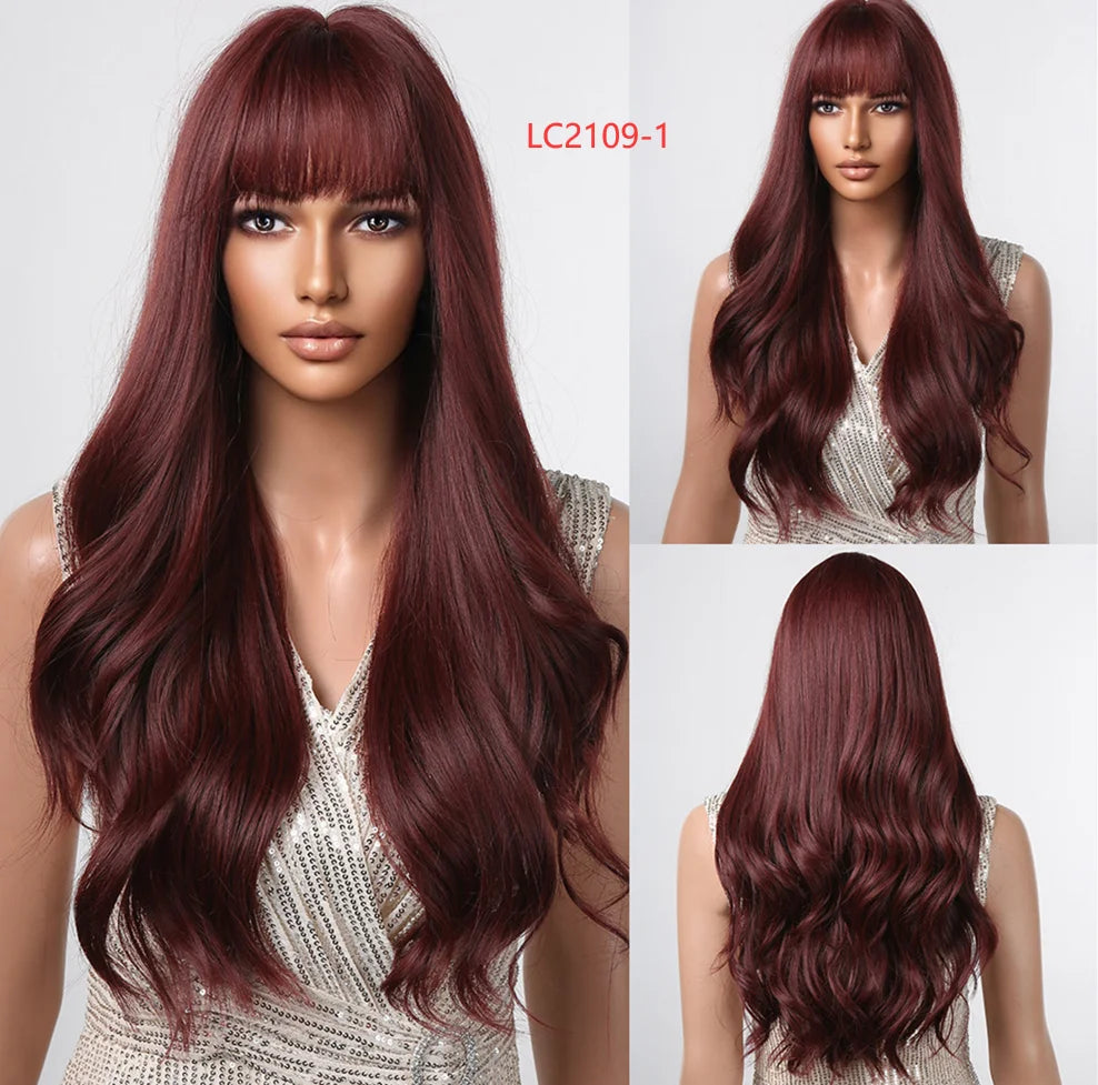 LOUIS FERRE Dark Brown Long Wavy Natural Hair Women's Synthetic Wig With Bangs Long Water Wave Daily Cosplay Hair Heat Resistant