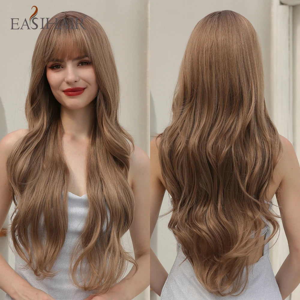 Ombre Light Brown Wigs with Bangs Blonde Highlight Long Curly Wavy Synthetic Wigs for Women Daily Cosplay Party Heat Resistant
