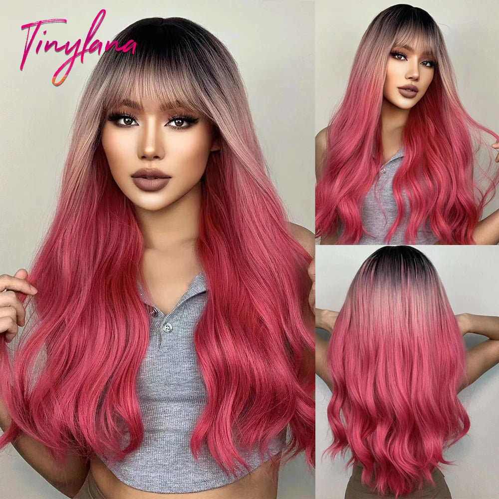 Pink Red Long Curly Wavy Synthetic Wigs Lolita Cosplay Hair With Bangs for Women Natural Water Wave Party Heat Resistant Wig