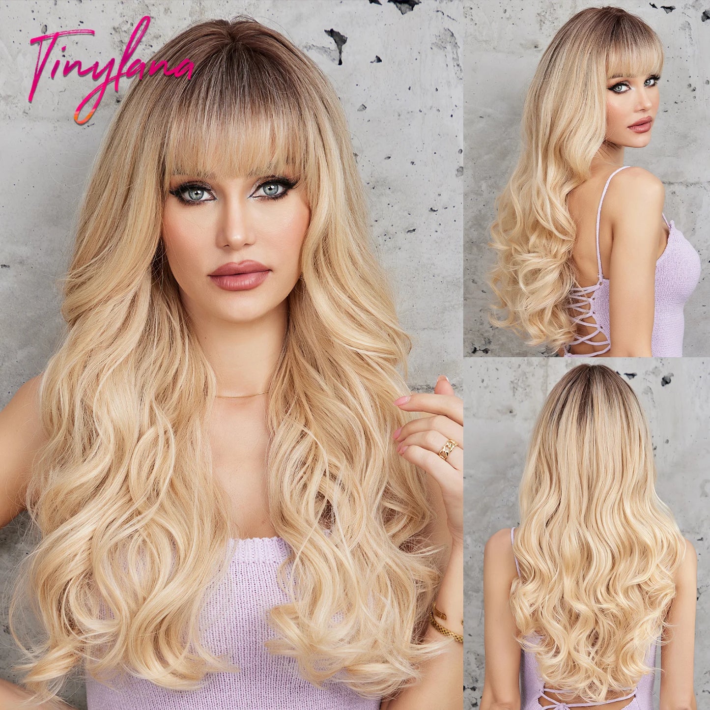 Long Curly White Platinum Synthetic Wigs with Bangs for Women Afro Cosplay Lolita Wavy Wig Natural Hair Heat Reisitant Daily Use