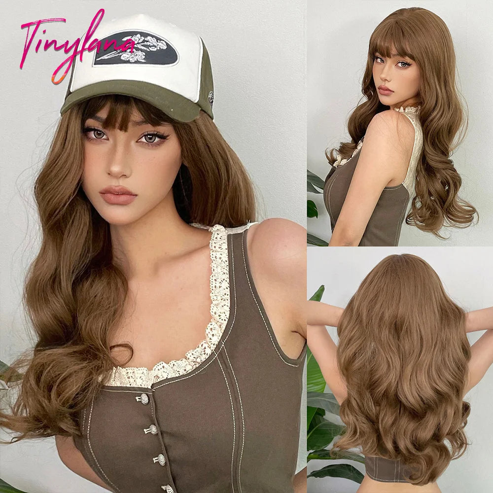 Blonde Ginger Yellow Lolita Cosplay Synthetic Wigs Long Curly Wavy Natural Hair with Bangs for Women Party Heat Resistant Wig