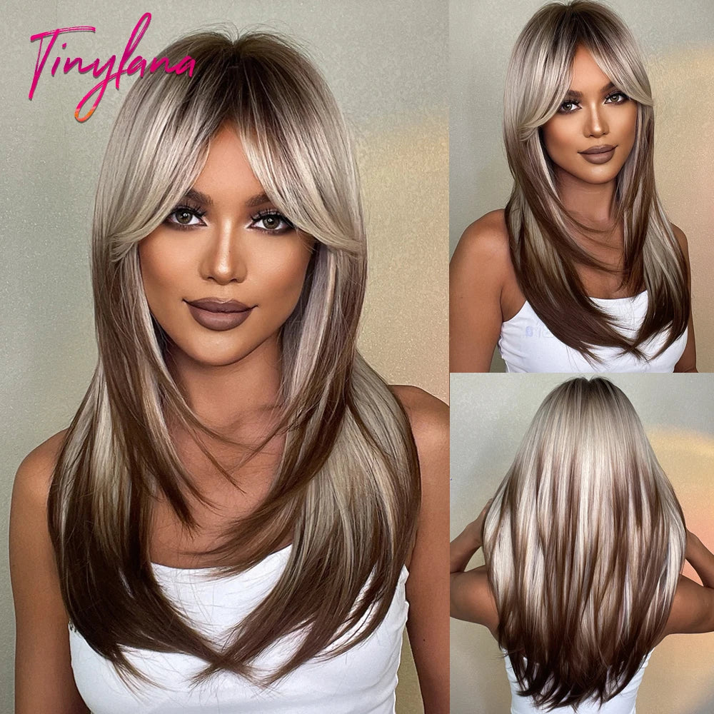 Long Brown Blonde Straight Synthetic Wig with Bangs Brown Ombre Cosplay Layered Wigs for Women Party Heat Resistant Natural Hair