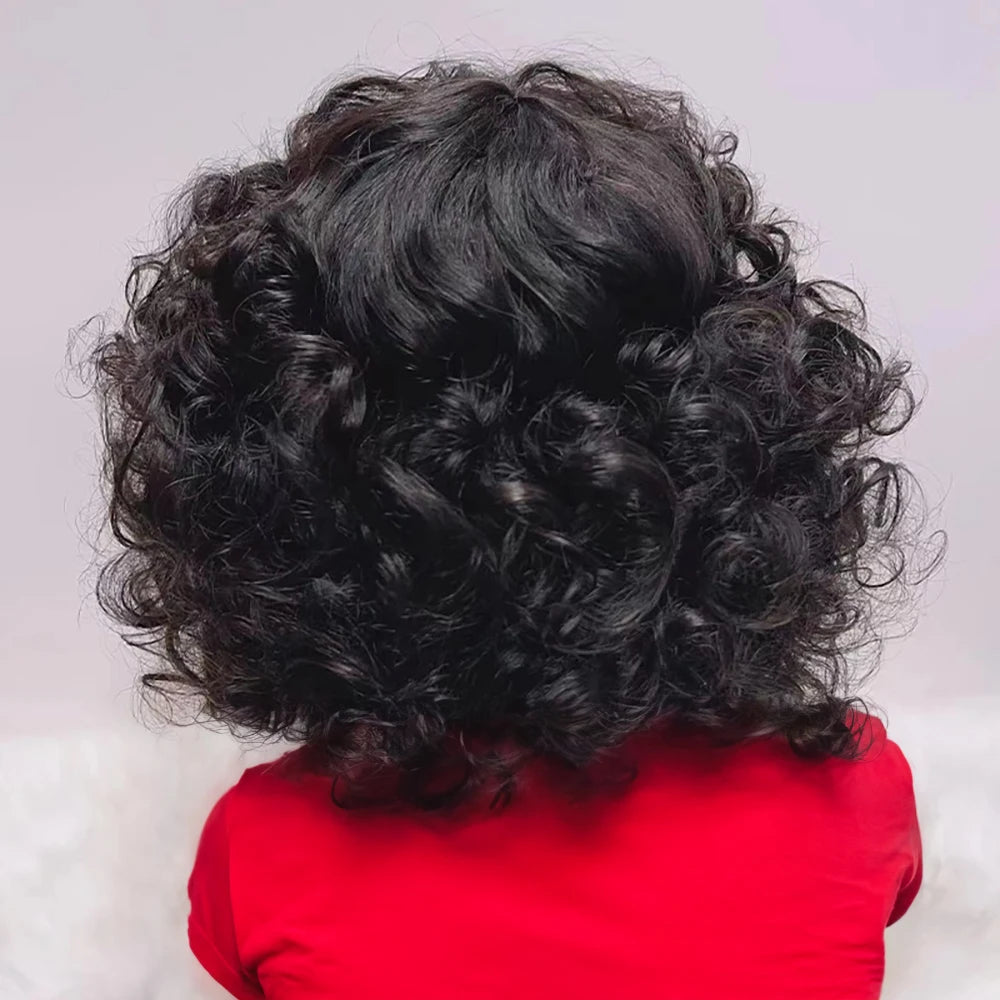 Funmi Curly Full Machine Made Short Bob Wig with Bangs Glueless Ready to Wear Loose Curly Vietnamese Human Hair Wigs for Women