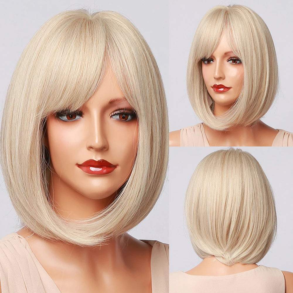 LOUIS FERRE Short Straight Synthetic Wigs for Women Brown Bob Wigs with Bangs Daily Cosplay Medium Length Heat Resistant Hair