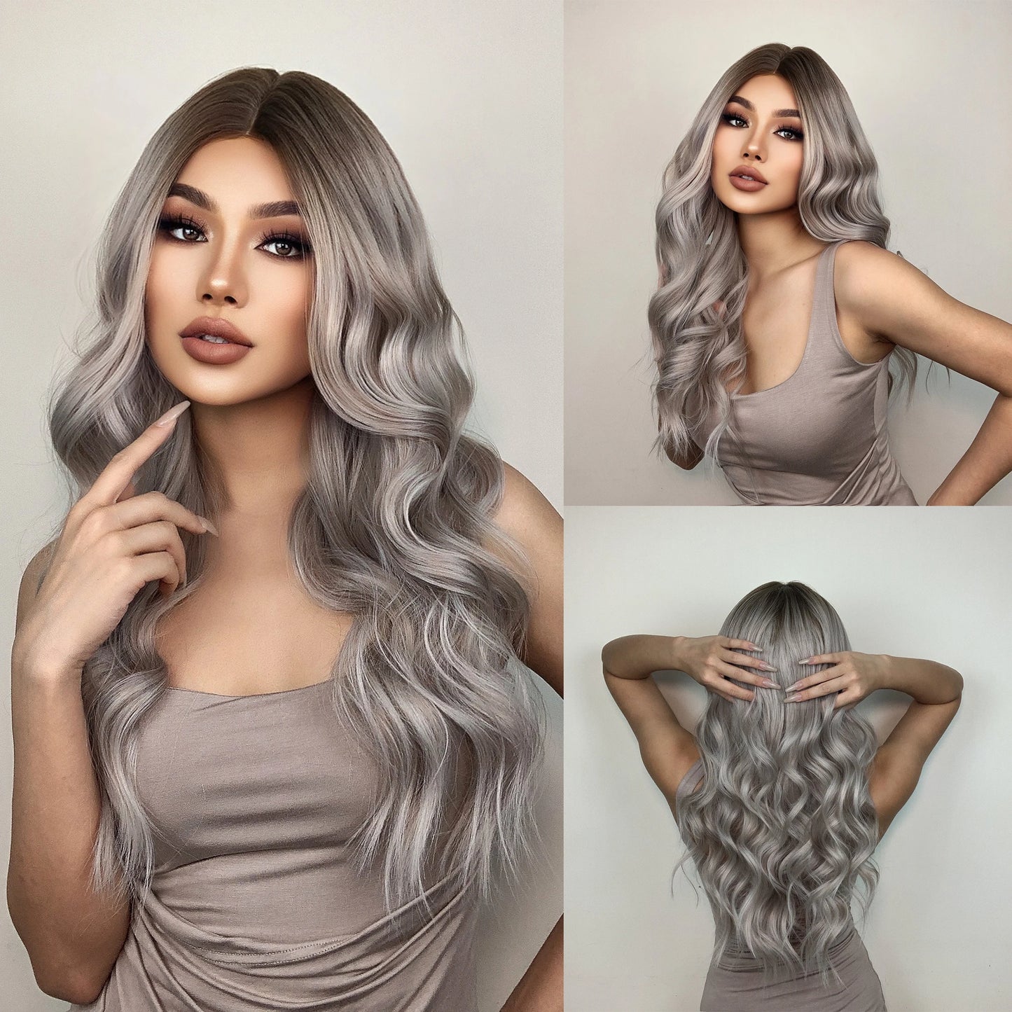 ALAN EATON Ombre Blonde Brown Wave Synthetic Wig Long Natural Looking Hair Wigs with Bangs for Women Daily Heat Resistant Fiber