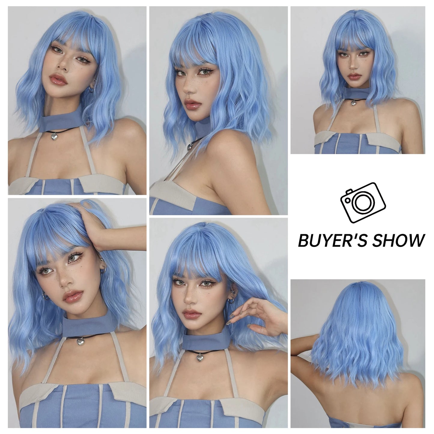 Bob Blue Curly Wavy Wigs with Bangs Short Colorful Cosplay Wigs for Women Afro Halloween DaiIy Natural Heat Resistant Fake Hair