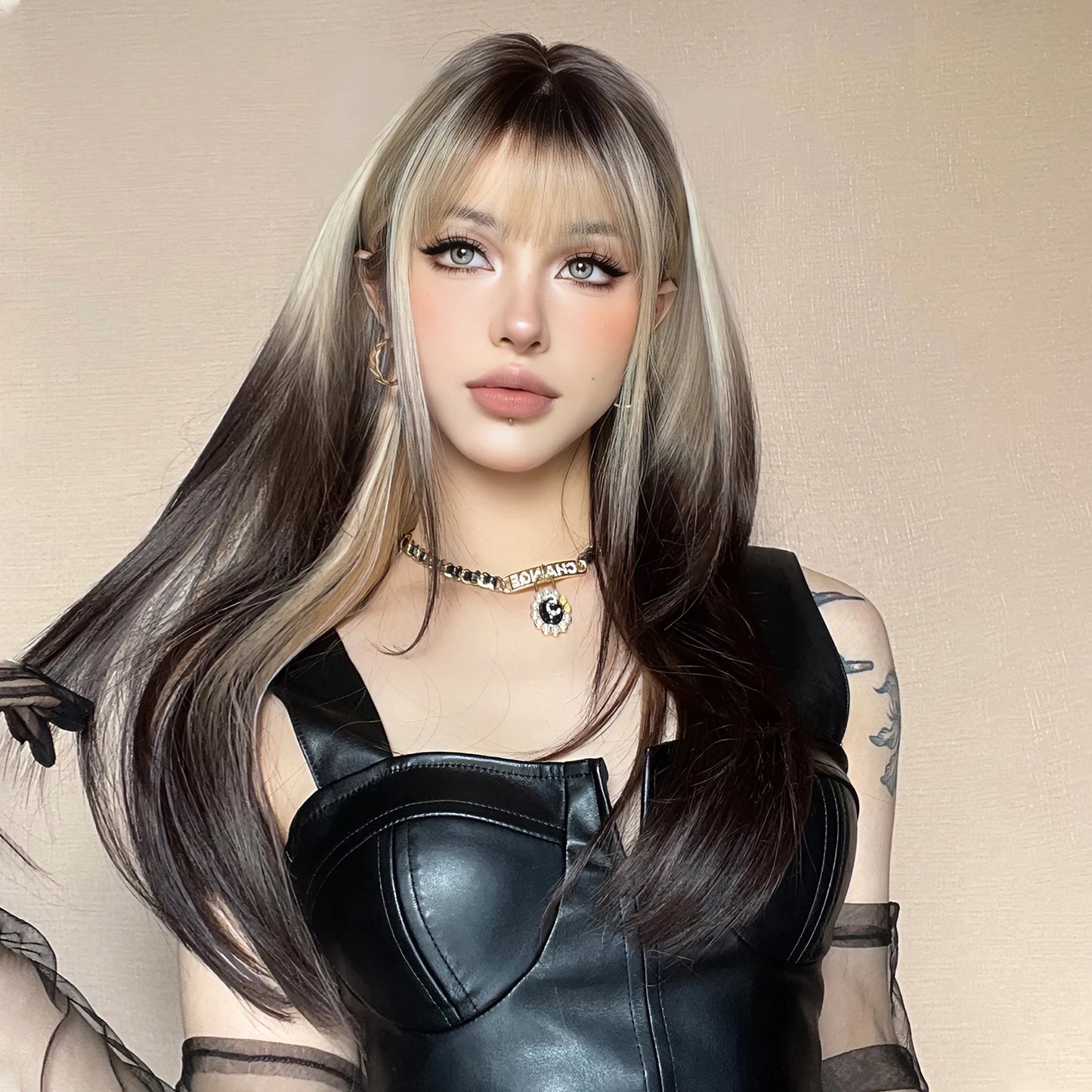 Long Brown Blonde Straight Synthetic Wig with Bangs Brown Ombre Cosplay Layered Wigs for Women Party Heat Resistant Natural Hair