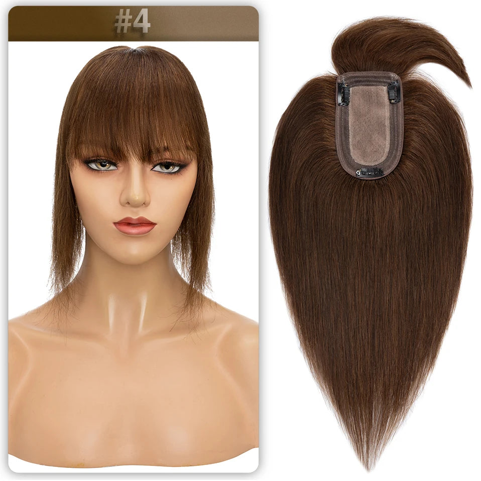 S-noilite Women Toppers Hair With Bangs Human Hair 7x13cm Silk Base Hair Cilp Wig Clip In Hair Extensions Hairpiece Natutal Hair