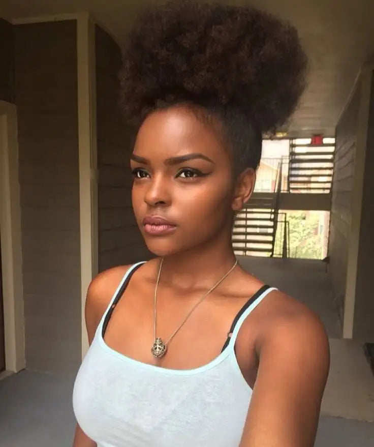 100% Human Hair Afro Puff Drawstring Ponytail Short Curly Afro Bun Hair Extension Natural Black 1B# Hairpiece with Two Clips