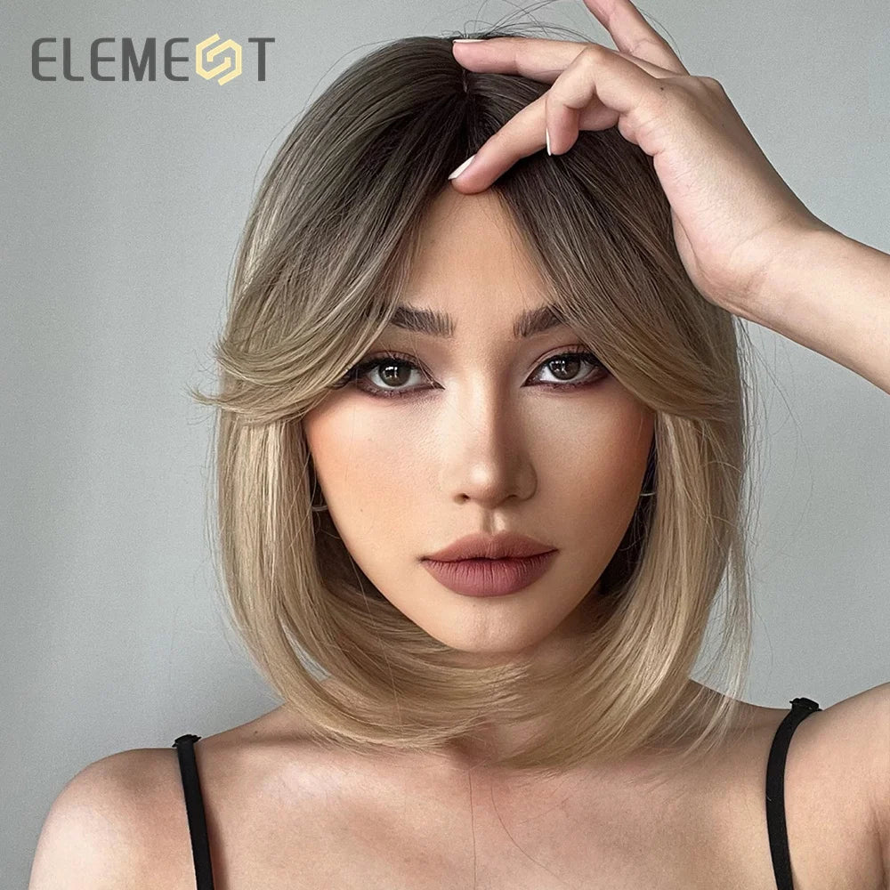 ELEMENT Synthetic Short Straight Wig Black Ombre Blonde Bob Wigs with Bangs for Women Cosplay Party Daily Hair Headband