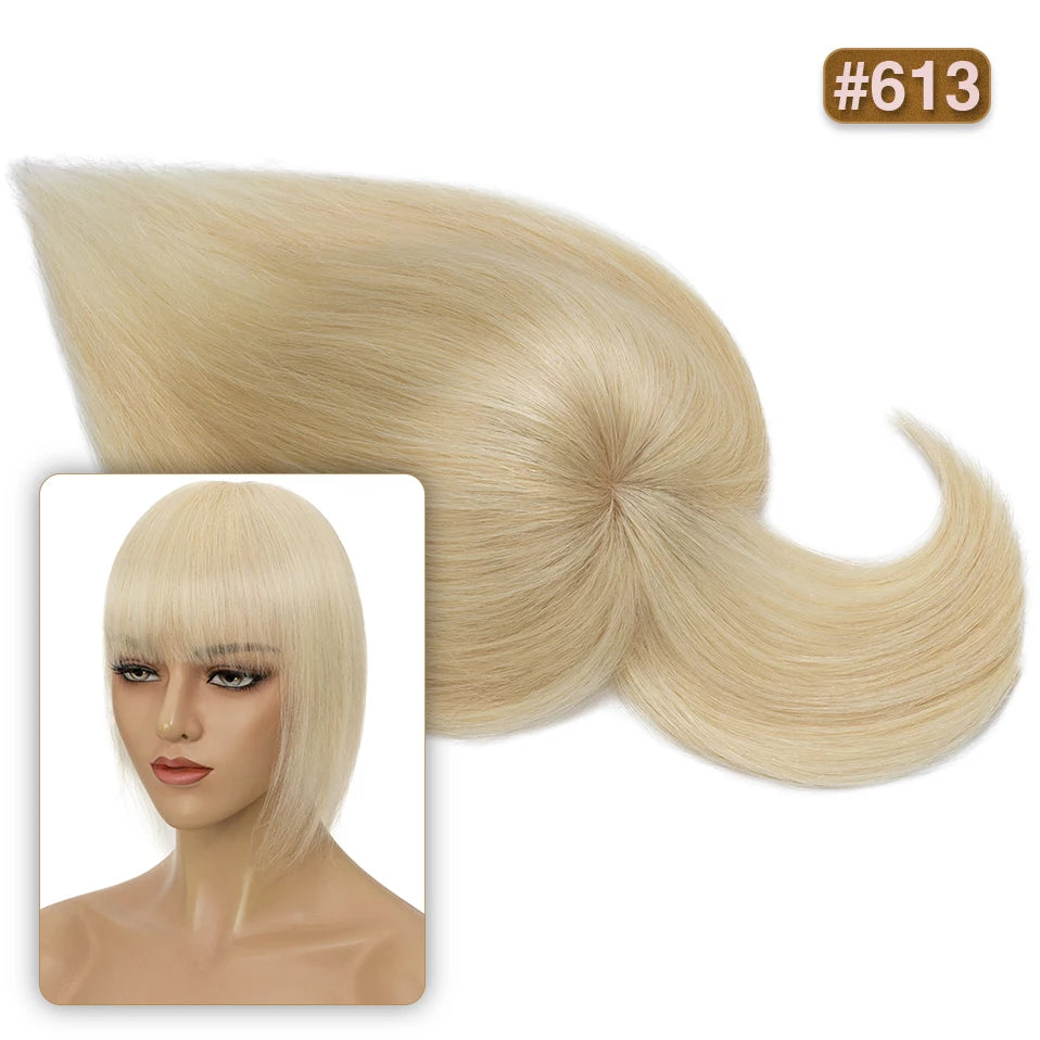 S-noilite 8.5x8.5cm Hair Topper Human Hair Cilp Center Crown Wig With Bangs Clip In Natural Hair Extension Hair Vortex Hairpiece