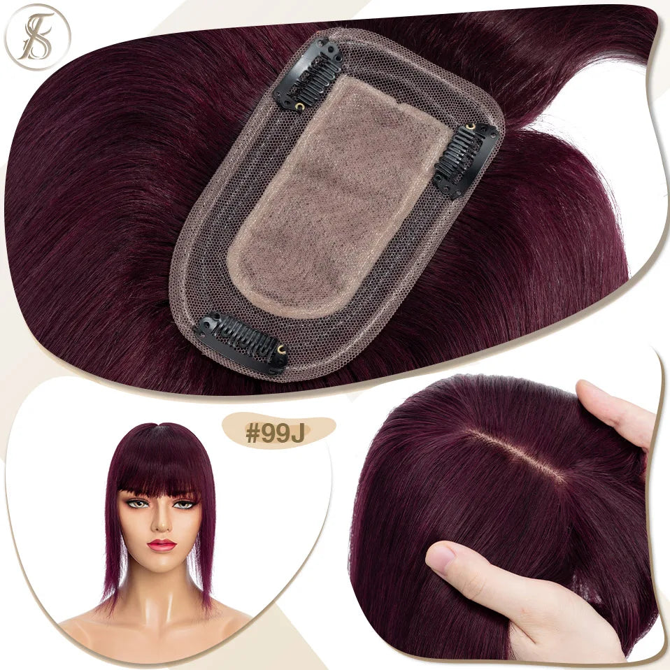 TESS Women Topper 7x12.5cm Hair Toppers With Bangs Hair Clips Natural Hair Wigs 100% Human Hair Silk Base Clip In Hair Extension