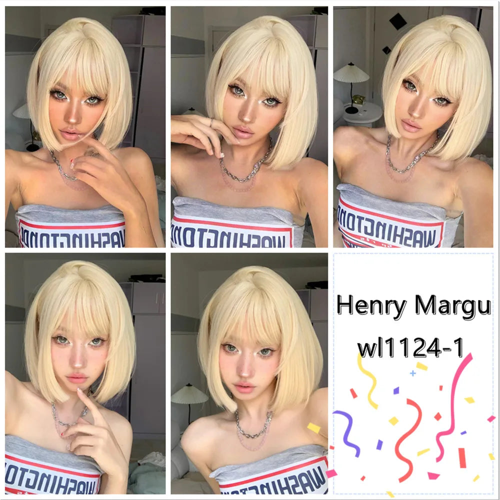 HENRY MARGU Ombre White Blonde Bob Synthetic Wig Short Straight with Bangs Natural Hair Wig for Women Cosplay Wig Heat Resistant