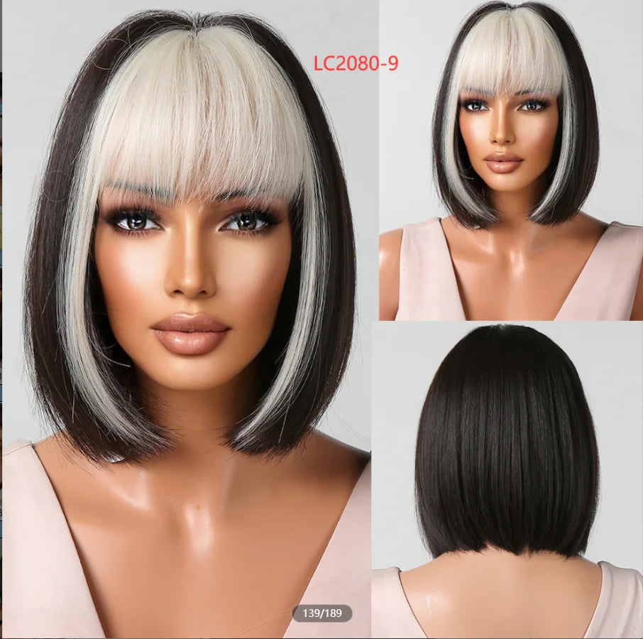 LOUIS FERRE Blonde Short Bob Wigs with Bangs Heat Resistant Synthetic Daily Cosplay Ombre Blonde Hair Wigs for White/Black Women