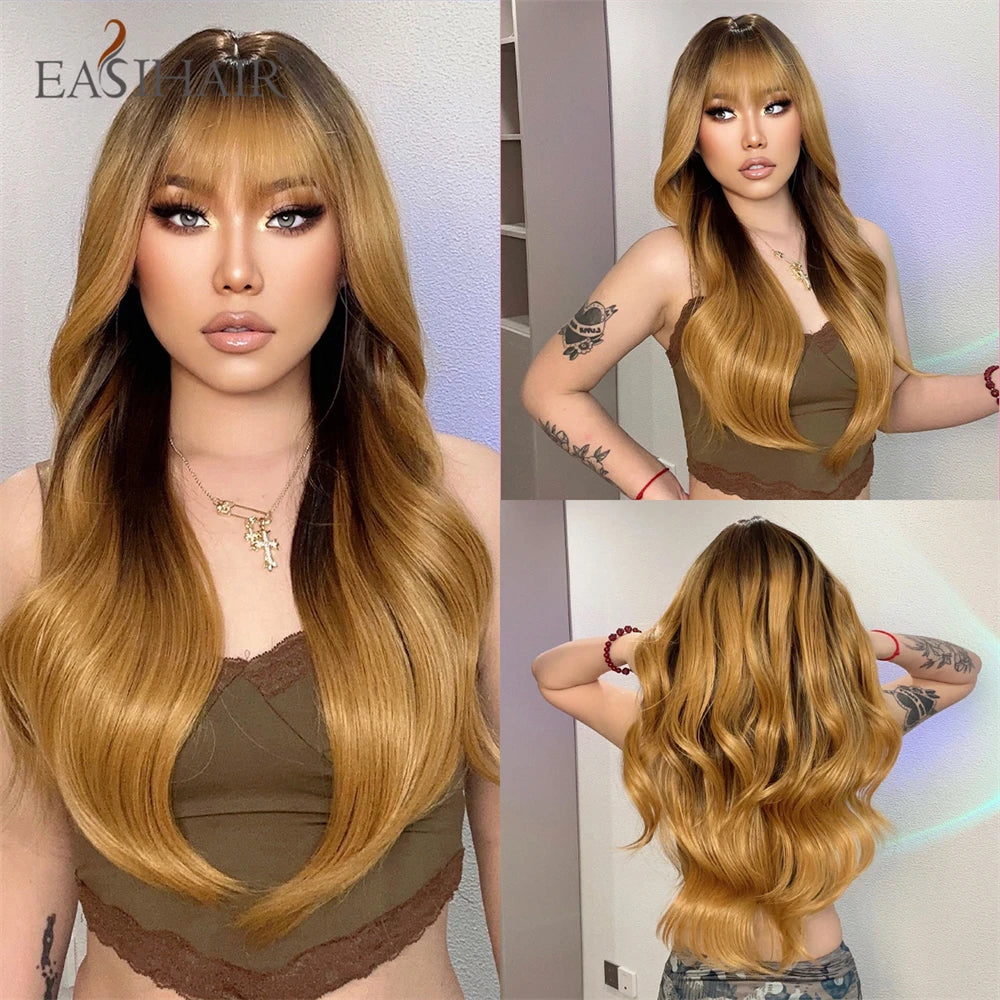 Ombre Light Brown Wigs with Bangs Blonde Highlight Long Curly Wavy Synthetic Wigs for Women Daily Cosplay Party Heat Resistant