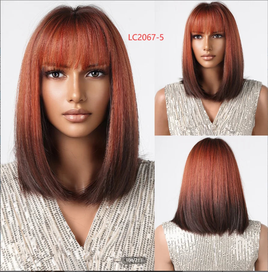 LOUIS FERRE Short Straight Synthetic Wigs for Women Brown Bob Wigs with Bangs Daily Cosplay Medium Length Heat Resistant Hair