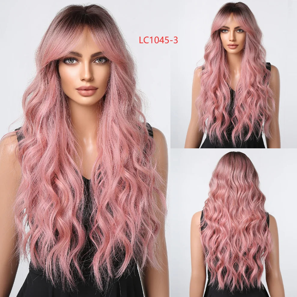 Pink Red Long Curly Wavy Synthetic Wigs Lolita Cosplay Hair With Bangs for Women Natural Water Wave Party Heat Resistant Wig