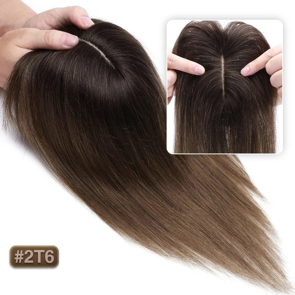 TESS Women Topper 7x12.5cm Hair Toppers With Bangs Hair Clips Natural Hair Wigs 100% Human Hair Silk Base Clip In Hair Extension