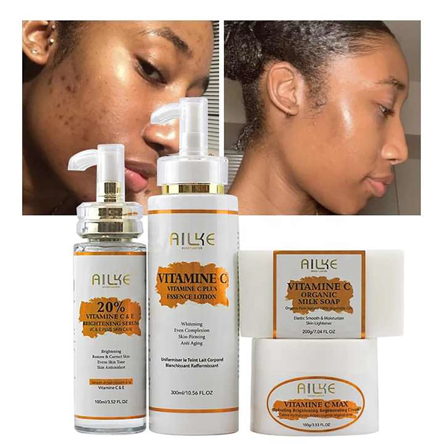 AILKE Vitamin C Skin Care Set, with Lightening Body Lotion, Even Skin Tone Face Cream, Whitening Serum, Brightening Soap