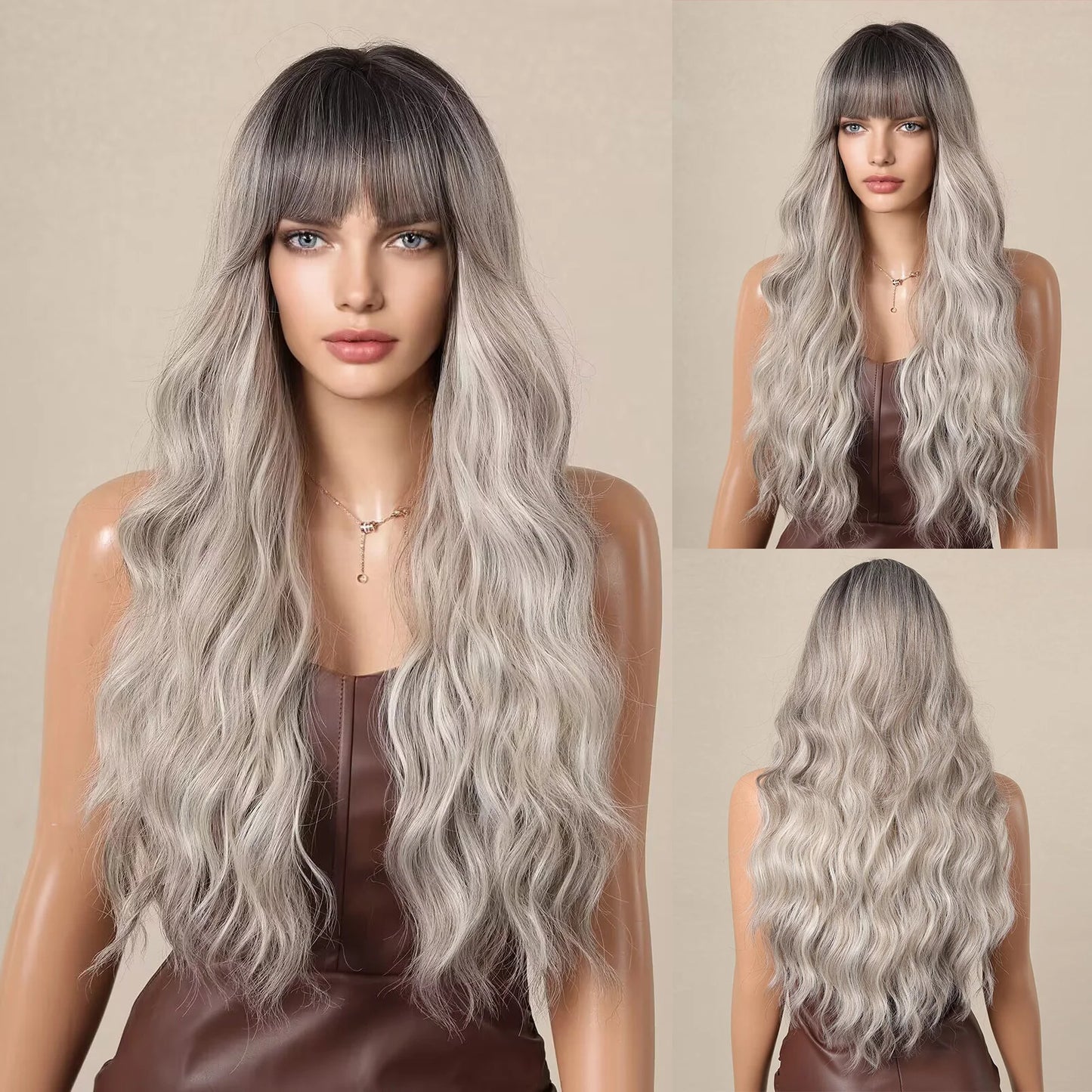 Long Curly White Platinum Synthetic Wigs with Bangs for Women Afro Cosplay Lolita Wavy Wig Natural Hair Heat Reisitant Daily Use