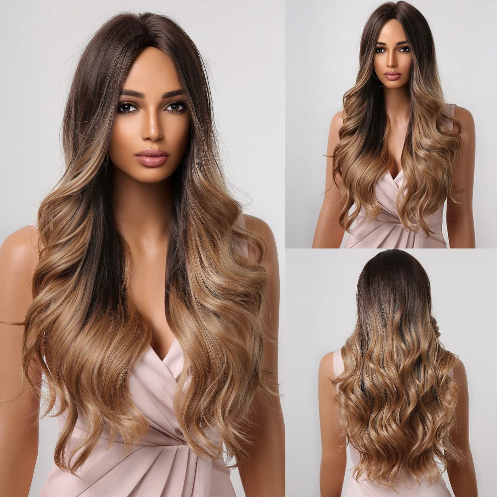 ALAN EATON Ombre Blonde Brown Wave Synthetic Wig Long Natural Looking Hair Wigs with Bangs for Women Daily Heat Resistant Fiber
