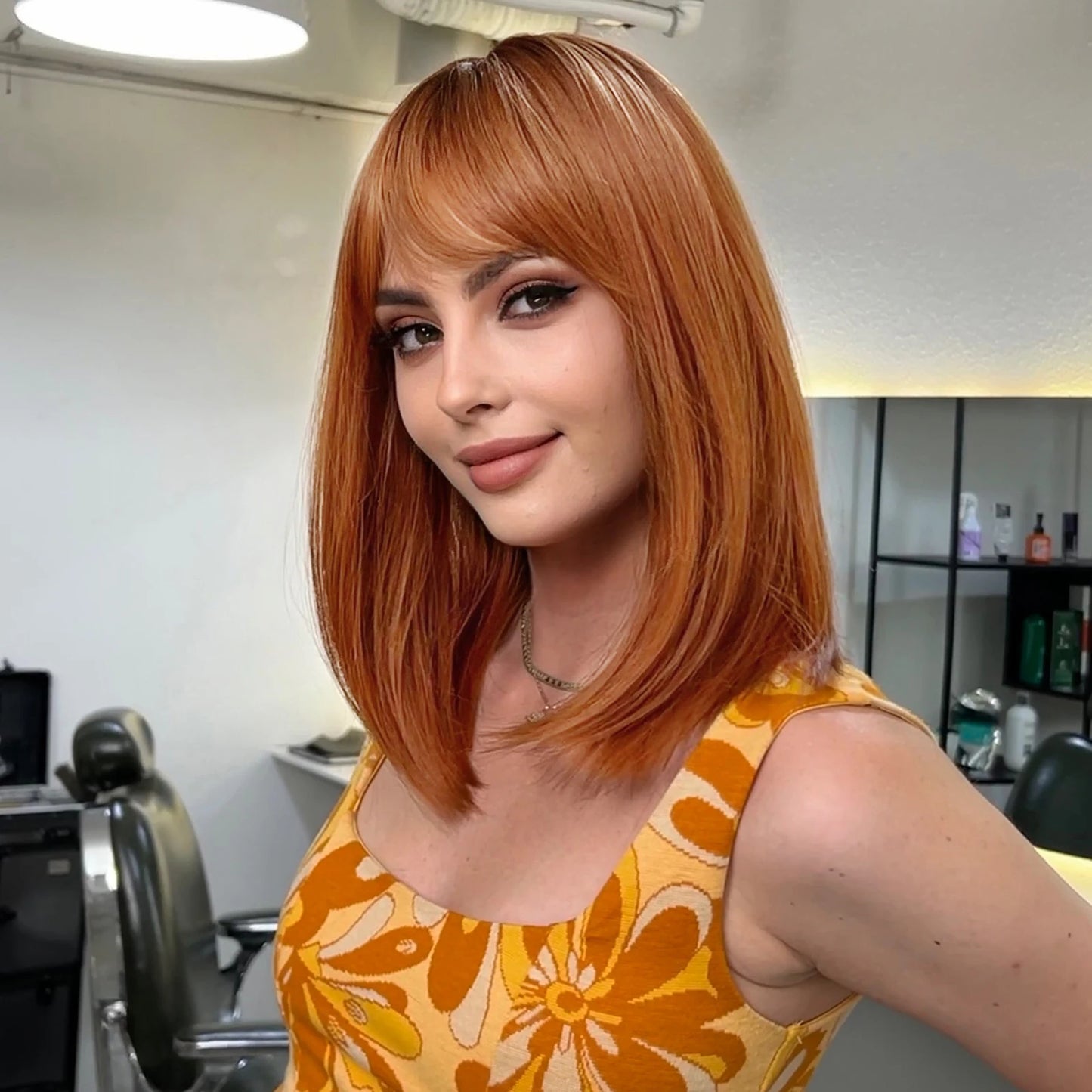 EASIHAIR Copper Ginger Synthetic Wigs with Bangs Medium Length Straight Hair Wig for Women Daily Cosplay Natural Heat Resistant