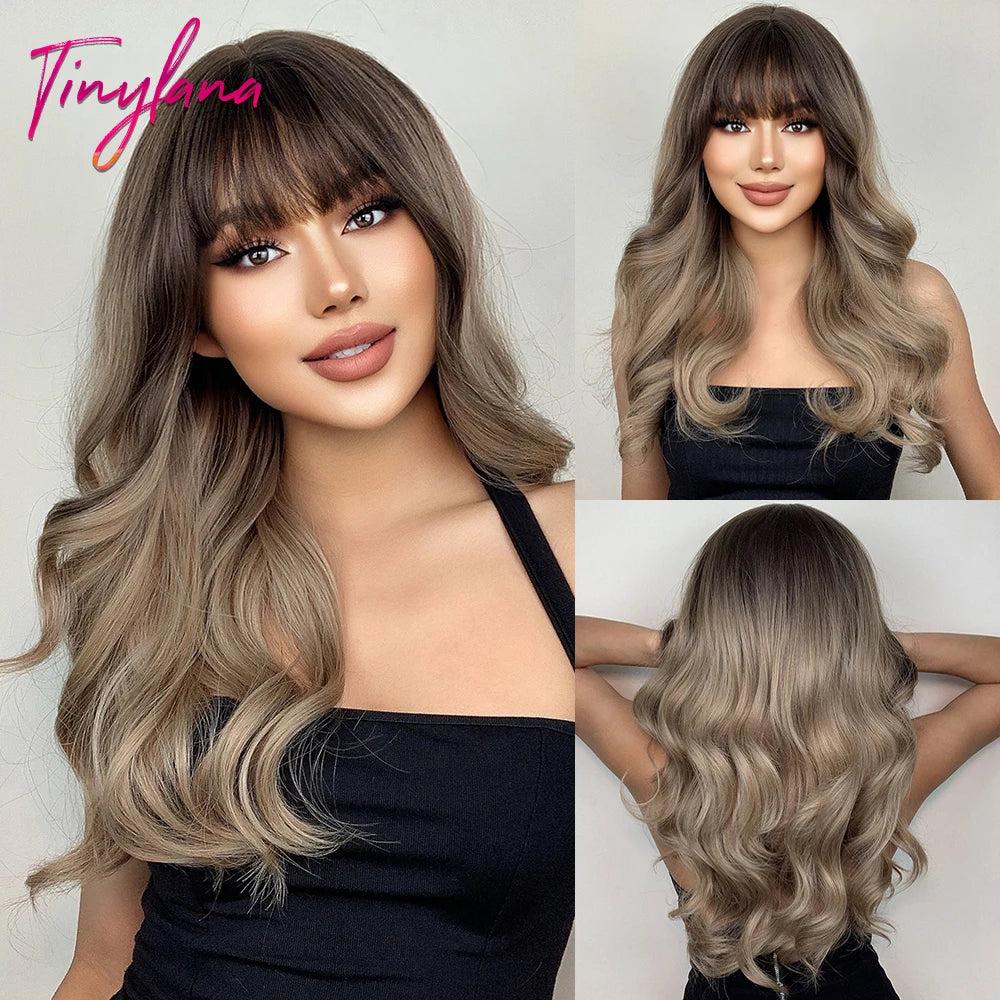 Pink Red Long Curly Wavy Synthetic Wigs Lolita Cosplay Hair With Bangs for Women Natural Water Wave Party Heat Resistant Wig