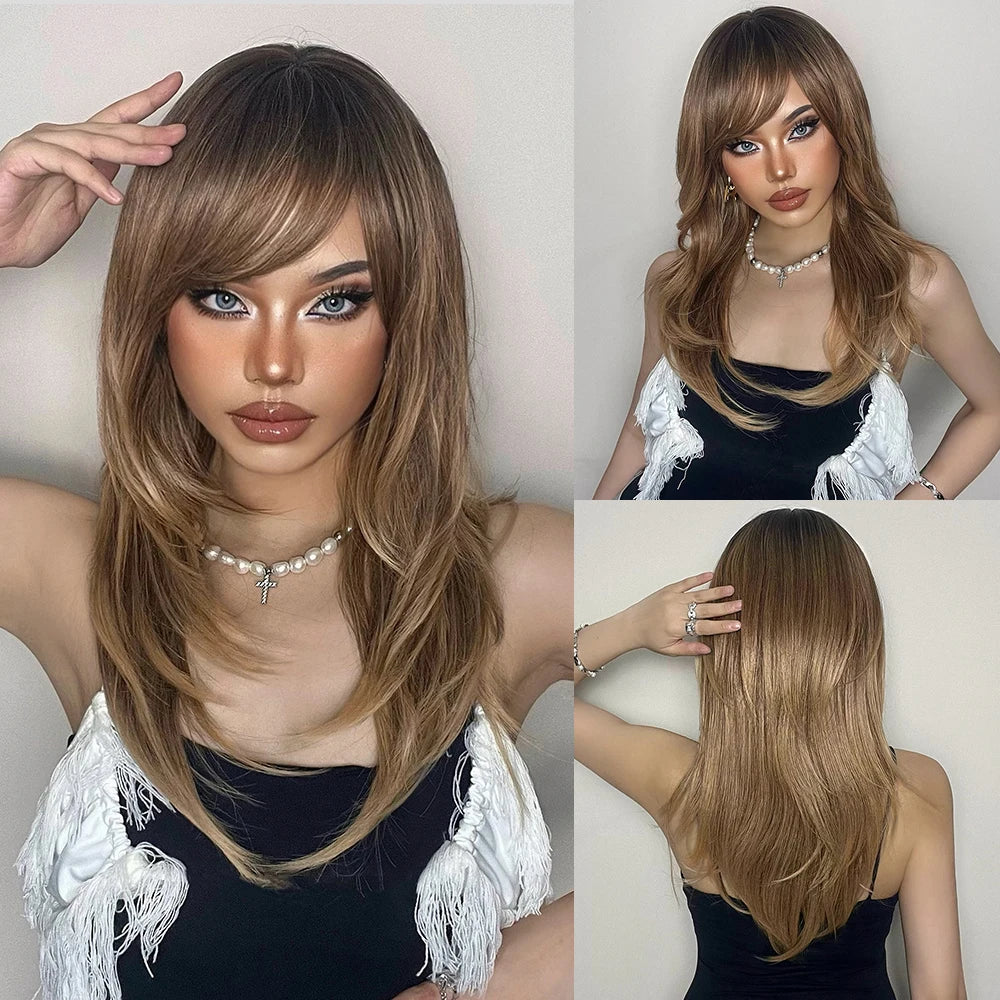 HENRY MARGU Ombre Red to Black Synthetic Wigs with Bangs Long Straight Layered Wig Colored Party Heat Resistant Hair for Women