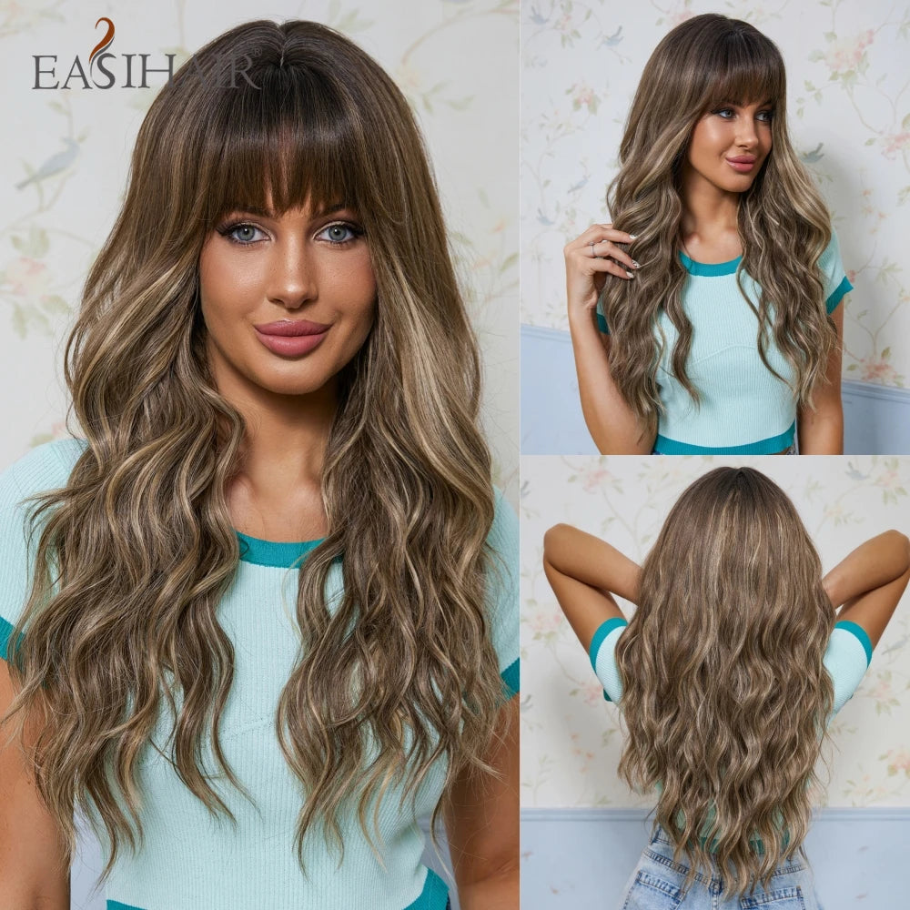 Ombre Light Brown Wigs with Bangs Blonde Highlight Long Curly Wavy Synthetic Wigs for Women Daily Cosplay Party Heat Resistant