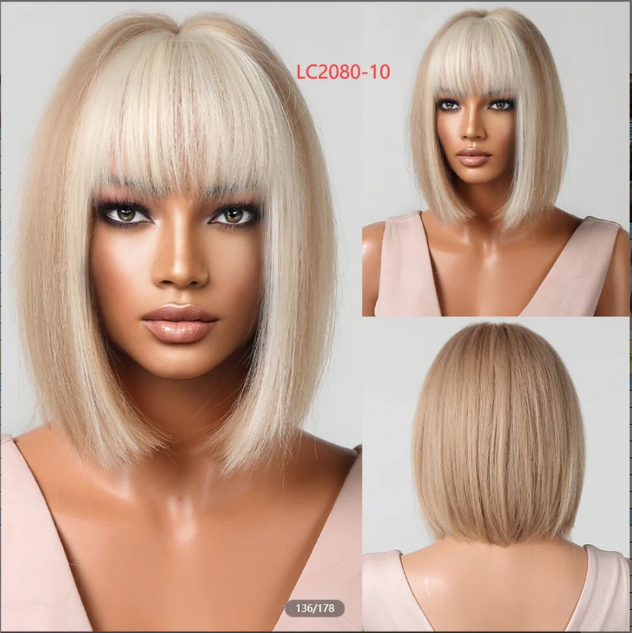 LOUIS FERRE Blonde Short Bob Wigs with Bangs Heat Resistant Synthetic Daily Cosplay Ombre Blonde Hair Wigs for White/Black Women