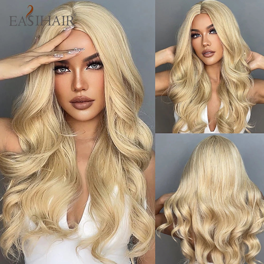 Ombre Light Brown Wigs with Bangs Blonde Highlight Long Curly Wavy Synthetic Wigs for Women Daily Cosplay Party Heat Resistant
